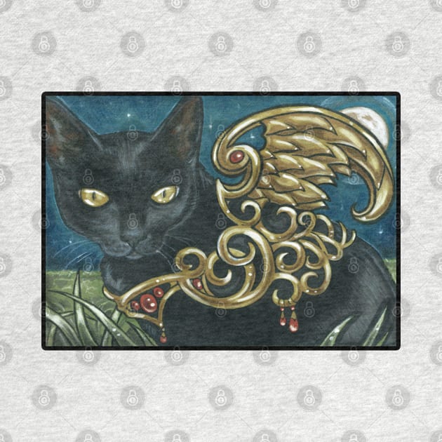 The Black Cat With Golden Wings - Black Outlined Version by Nat Ewert Art